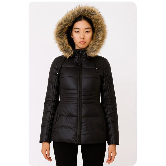 Calvin Klein cost black puffer coat with faux fur hood zip up coat SZ SP - Picture 1 of 11